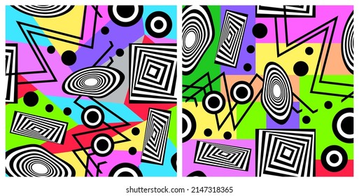Grafische nahtlose Muster auf mosaikem mehrfarbigem Hintergrund. Vorlagen mit geometrischen Elementen. Memphis-Stil, Pop-Art. Gilt für Textilien, Umhüllung, Tapete, Cover. Vektorgrafik.
