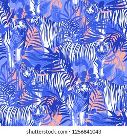 Graphic seamless patterns of tigers in different poses surrounded by exotic leaves. Vector trendy design