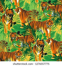 Graphic seamless patterns of tigers in different poses surrounded by exotic leaves. Vector trendy design