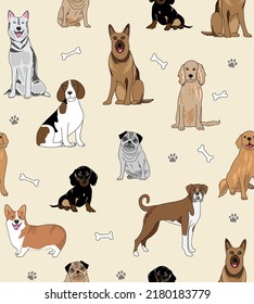 Graphic seamless repeat pattern with different dog breeds, paw prints and bones on neutral cream. Vector illustration for pet, animal products