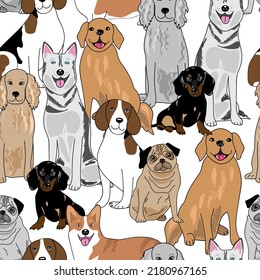 Graphic seamless repeat pattern with different dog breeds, paw prints and bones on neutral cream. Vector illustration for pet, animal products