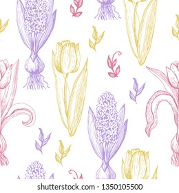 Graphic seamless with spring flowers. Endless ornament for a variety of decorative surfaces. Vintage motive.