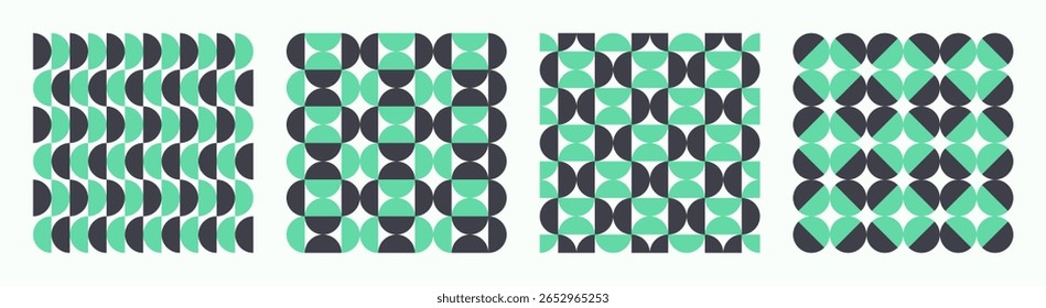 Graphic seamless vector pattern set of circles in mint green and dark graphite tones. Trendy repetitive abstract layouts with geometric balance ideal for textile, branding, wallpaper and modern covers