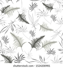 Graphic seamless vector pattern in shades of gray on a white background. The leaves of ferns and other plants are arranged in random order. For the design of backgrounds, textiles, tiles, wallpapers, 