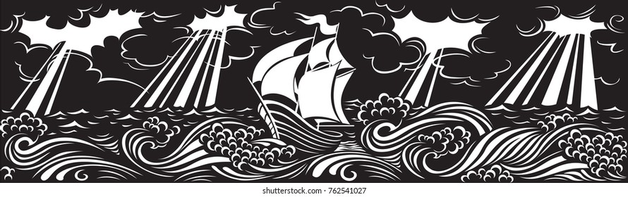 Graphic seascape with waves and boat