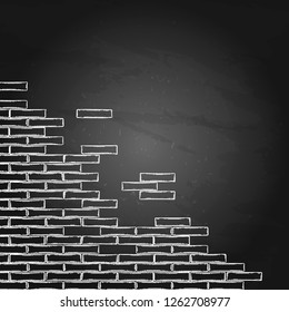 Graphic semi built or half ruined brick wall. Vector corner design isolated on the chalkboard