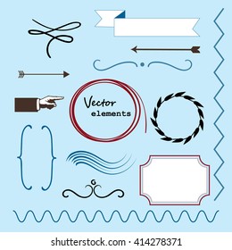 graphic set of arrows,  wreaths, ribbons, frames, labels  and doodles. vector design elements
