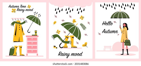 Graphic set of artistic creative autumn cards. Raincoat, umbrella, rubber boots, rain drops, scarf, coffee and beautiful girl. Vector illustration in flat style.