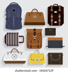 Graphic Set bags leather , fabric, folder in vector style.