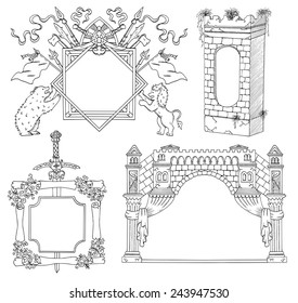 Graphic set with black and white silhouettes of borders, frames and banners