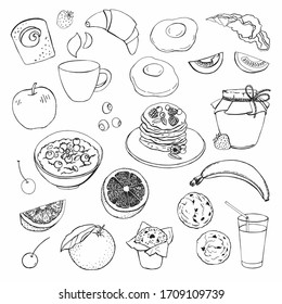 Graphic set of breakfast illustrations. Delicious breakfast food. Graphic product sketches for your print projects. Vector illustration. Manual graphics. Suitable for decorating various surfaces.