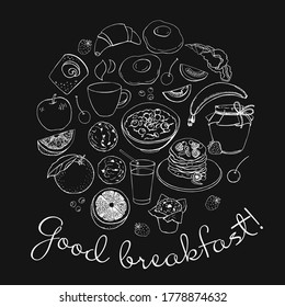 Graphic set of breakfast on the chalkboard. Delicious breakfast food. Graphic product sketches for your print projects. Vector illustration. Manual graphics. 