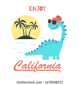 Graphic set of cartoon illustration with cute dinosaur and slogan. Summer illustration for kids clothing. Use for fashion wear, apparel t-shirt print, textile, surface design. Vector isolated