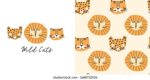 Graphic set of cartoon illustration and seamless pattern with cute lion, tiger, panther and slogan. Hand drawn illustration for kids clothing.  