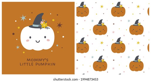 Graphic set of cartoon illustration and seamless pattern with cute pumpkin. For children's T-shirt print, textile, Halloween decoration, wrapping paper, etc.