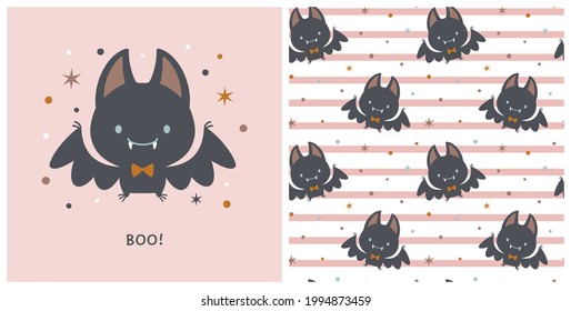 Graphic set of cartoon illustration and seamless pattern with cute bat. For children's T-shirt print, textile, Halloween decoration, wrapping paper, etc.