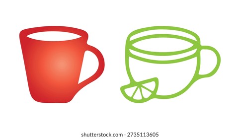 Graphic set of colorful cups featuring red coffee mug and lime infused green tea cup in flat vector style icons