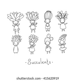 Graphic set with cute cartoon succulents. Little funny fairy. Hand drawing isolated objects on white background. Vector illustration. Coloring book