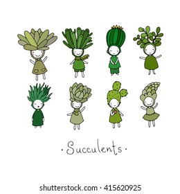 Graphic set with cute cartoon succulents. Little funny fairy. Hand drawing isolated objects on white background. Vector illustration. 