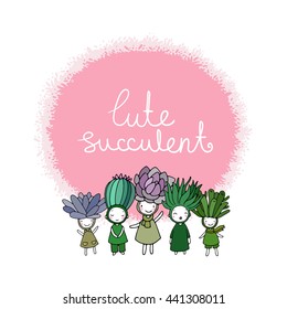 Graphic set with cute cartoon succulents. Little funny fairy. Hand drawing isolated objects on white background. Vector illustration. 