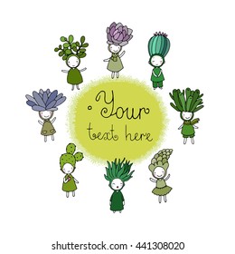 Graphic set with cute cartoon succulents. Little funny fairy. Hand drawing isolated objects on white background. Vector illustration. 