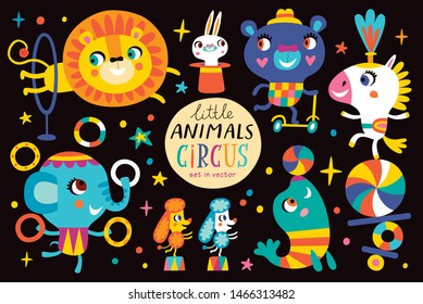 Graphic set with cute circus animals on a black background