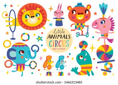 Graphic set with cute circus animals on a white background