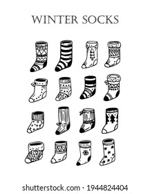 Graphic set with cute hand drawn winter socks. Great black and white elements for your design.