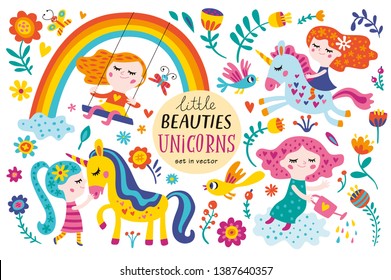 Graphic set with cute little girls and unicorns on a white background.