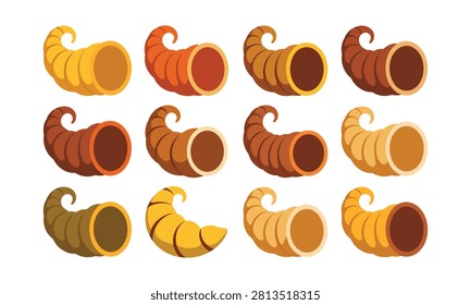 Graphic set of decorative cornucopia horns of plenty autumn thanksgiving symbols rustic colors isolated white background.