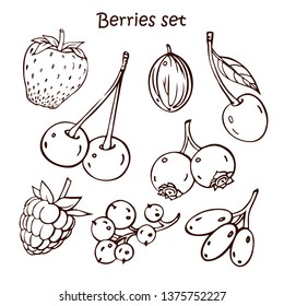 Graphic set with different berries. There are strawberry, sweet cherry, blueberry, gooseberry, barberry, currant, raspberry and cherry. Beautiful element for food design.