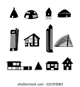 graphic set of different buildings on a white background 