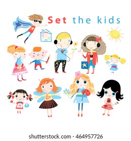Graphic set of different funny kids on a white background