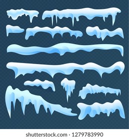 Graphic set of different white icicles on transparent background