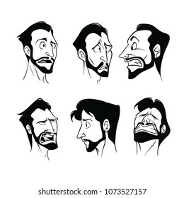 Graphic set of drawings of emotions of the bearded man