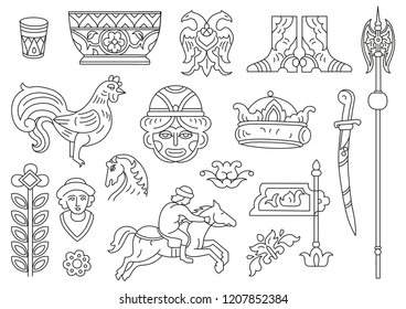 Graphic set of elements in old Russian style on white background