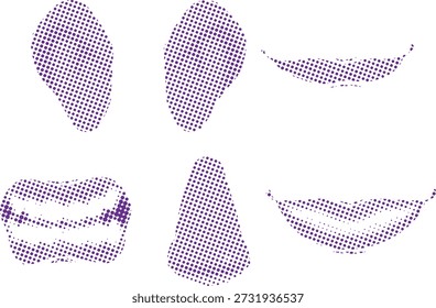 Un conjunto gráfico de Elementos faciales como labios, nariz y dientes en un estilo de patrón de puntos de semitono púrpura.
