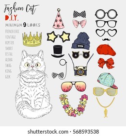 graphic set of fat cat and fashion accessories, design it yourself