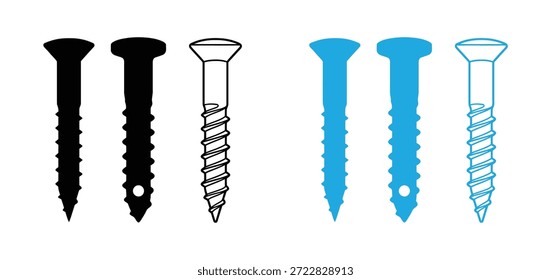 Un conjunto gráfico con una colección de siluetas de tornillo. Cada tornillo se presenta como una forma distinta, aislada sobre un fondo blanco limpio.