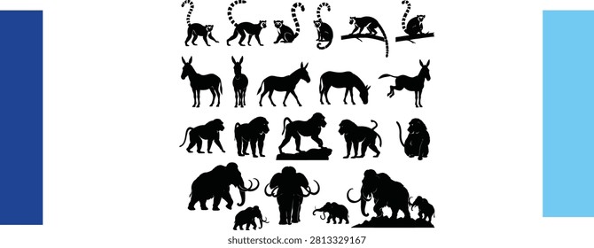 Graphic set featuring diverse mammal silhouettes including various primates