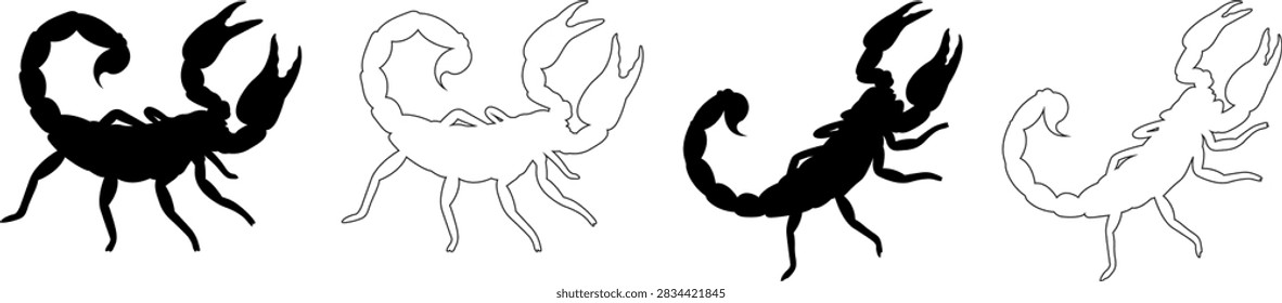 A graphic set featuring diverse scorpion silhouettes and detailed outline illustrations, showcasing various poses of the arachnid in a minimalist style.