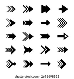 Um conjunto de gráficos com várias setas pretas apontando em várias direções. Esses símbolos são limpos e fáceis de entender, perfeitos para indicar movimento ou escolhas em projetos.