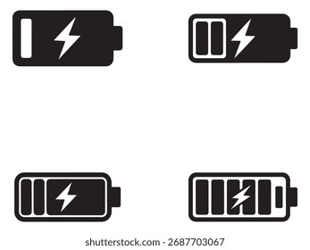 A graphic set featuring various battery charging icons and symbols presented in a clean, modern silhouette style, perfect for digital interfaces.