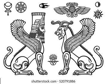 Graphic set: figures of the Assyrian mythology - a lion  and a sphinx of people. Space symbols. Monochrome drawing isolated on a white background. Vector illustration. Be used for coloring book. 