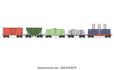 Graphic set of five different railway freight cargo wagons including tank cars, boxcars, and container wagons.