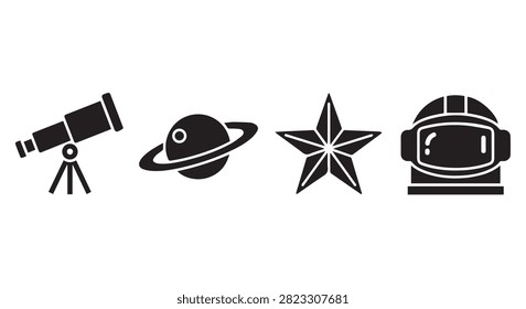 Graphic set of four space themed icons showing a telescope planet star and astronaut helmet