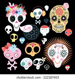 graphic set funny skull on a black background  