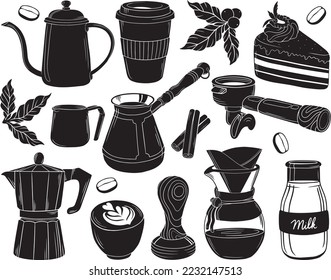 Graphic set of hand drawn coffee elements vector illustrations. Tools for making coffee isolated