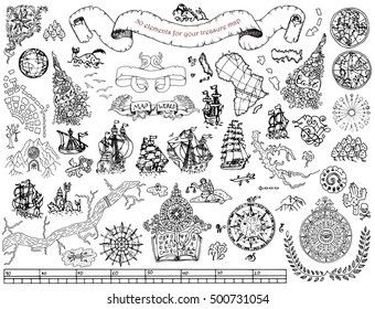 Graphic set with hand drawn elements for pirate map design on white. Vintage adventures and treasure hunt concept. Doodle drawings with old ships, wind compass, mystic and geographical symbols