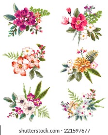 graphic set with hand drawn flower bouquet collection